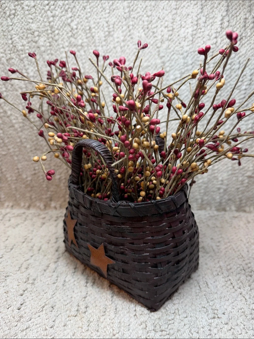 Primitive Rustic Brown Woven Accent Basket with Star Details